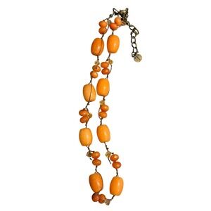Talbots‎ Orange Beaded Statement Necklace Gold Tone Double Strand Vintage Style